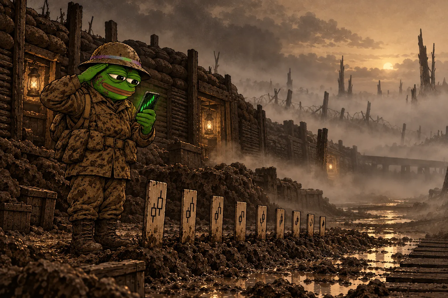 In the morning mist, Trench Pepe salutes a row of small wooden markers in the mud, his phone already glowing with a new chart.